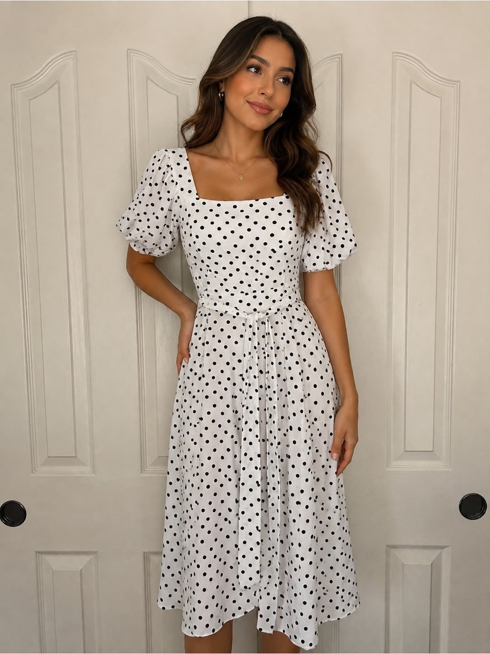 Gibson Latimer White Midi Dress with Black Polka Dots